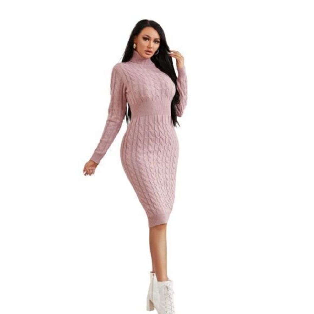 SEXY Pink Cable Knit Turtleneck Sweater Dress MEDIUM